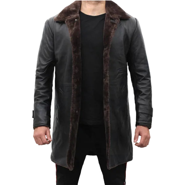 • black leather trench coat mens shearling front view
