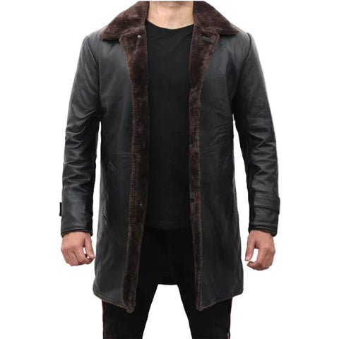 • black leather trench coat mens shearling front view
