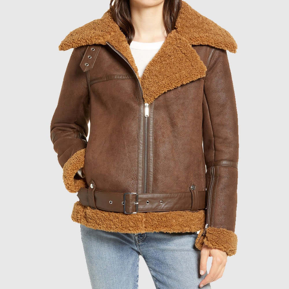 Women B3 Brown Shearling Bomber Leather Jacket - AMSEL LEATHERS