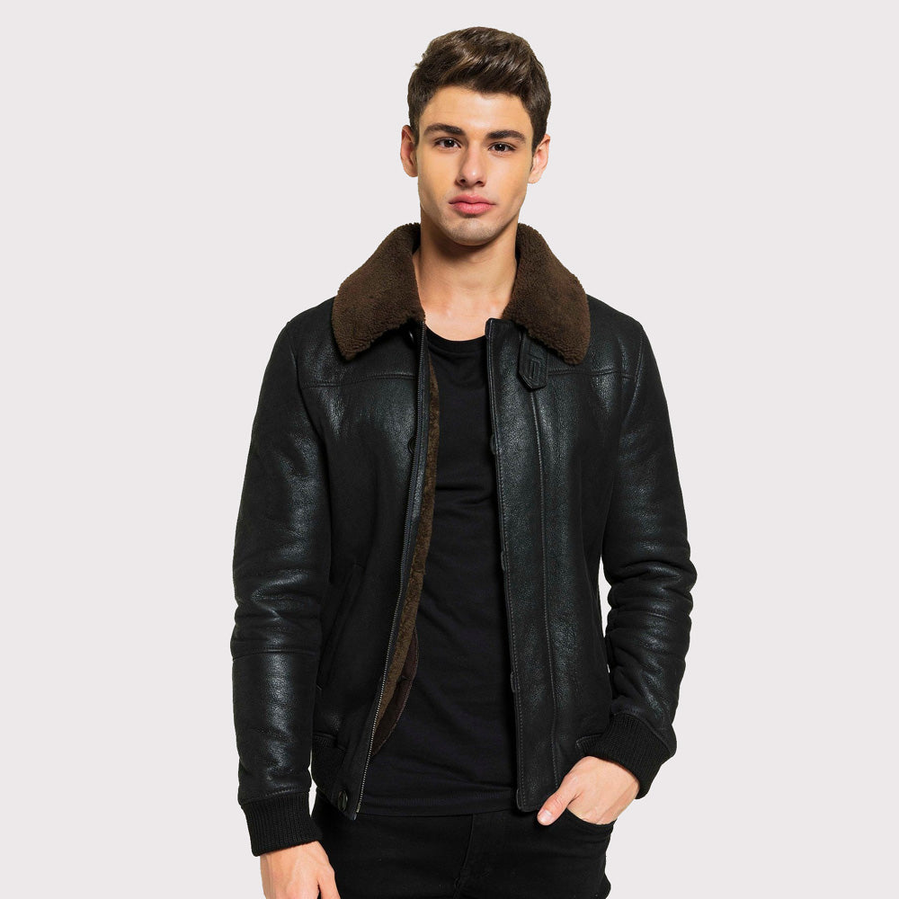 Classic Men's Tobacco Brown Shearling Jacket - College Style - AMSEL LEATHERS