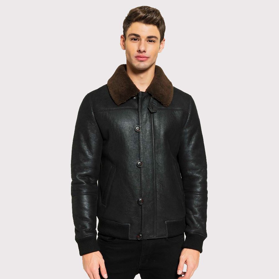 Classic Men's Tobacco Brown Shearling Jacket - College Style - AMSEL LEATHERS