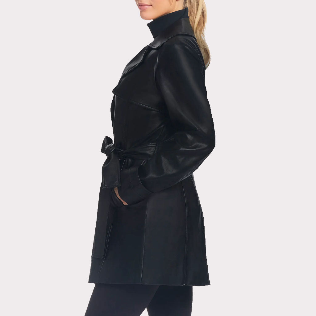 Classic Solid Black Leather Trench Coat for Women - Fall 2023 - AMSEL LEATHERS