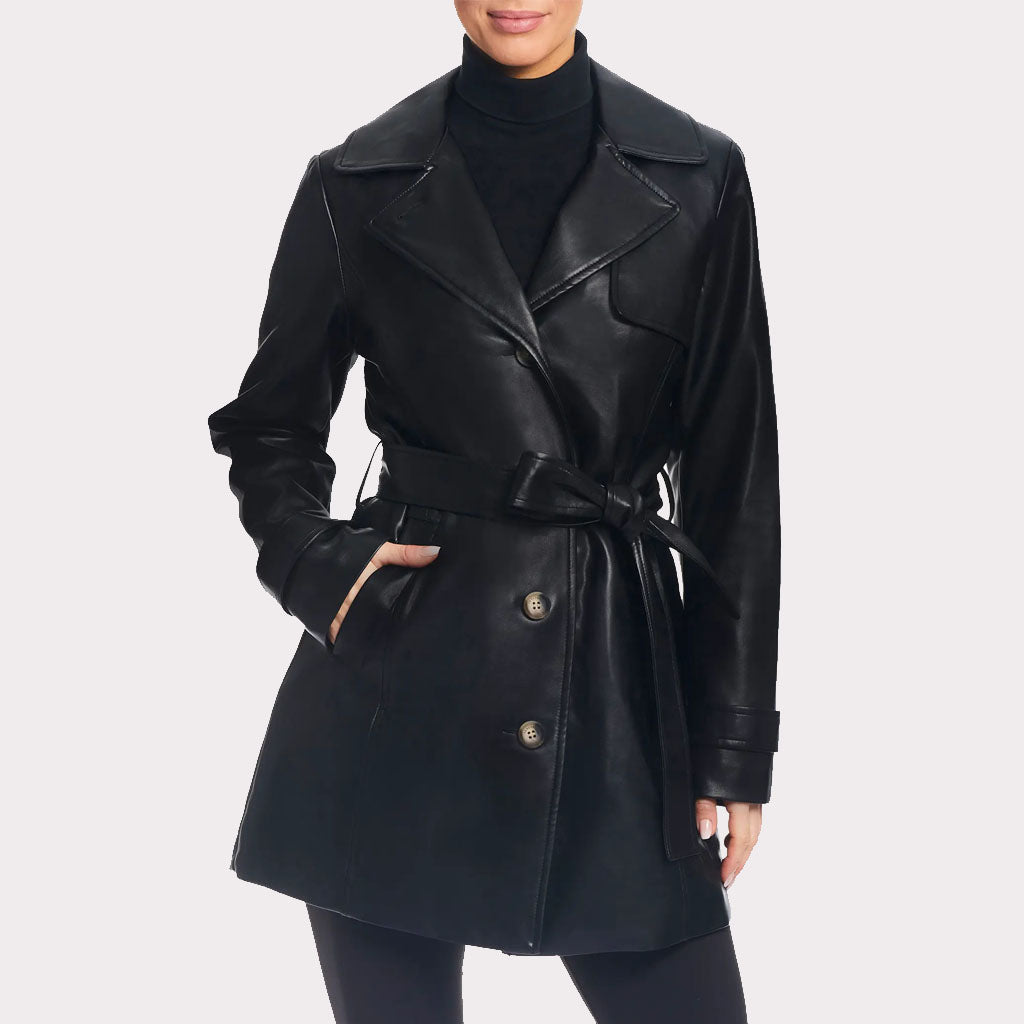 Classic Solid Black Leather Trench Coat for Women - Fall 2023 - AMSEL LEATHERS