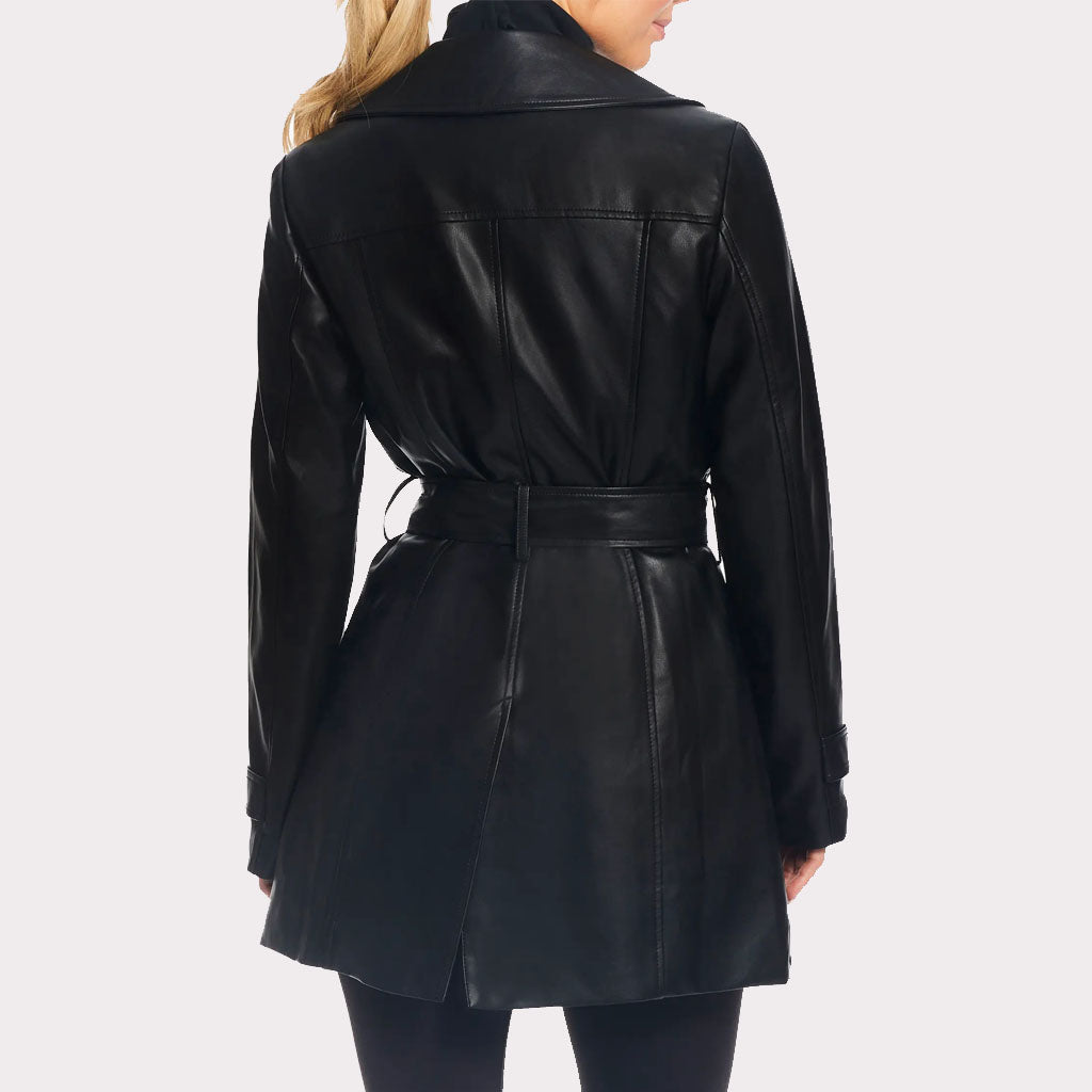 Classic Solid Black Leather Trench Coat for Women - Fall 2023 - AMSEL LEATHERS