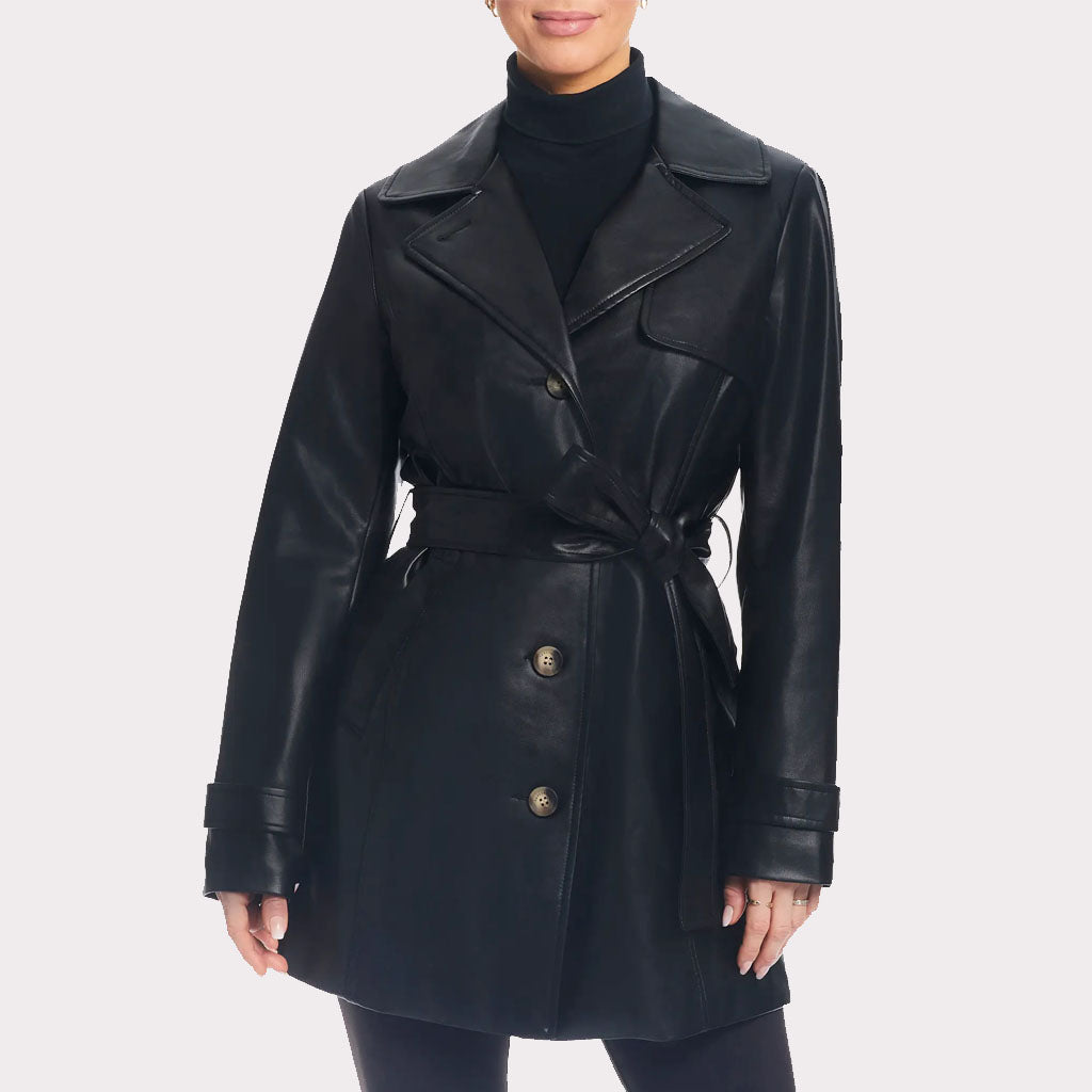 Classic Solid Black Leather Trench Coat for Women - Fall 2023 - AMSEL LEATHERS