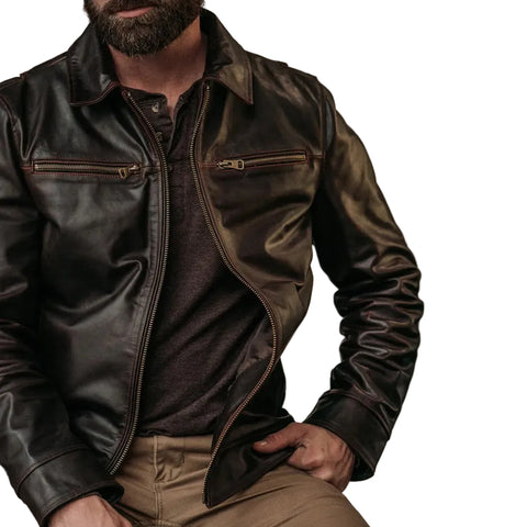 Classic brown leather flight jacket with zipper pockets