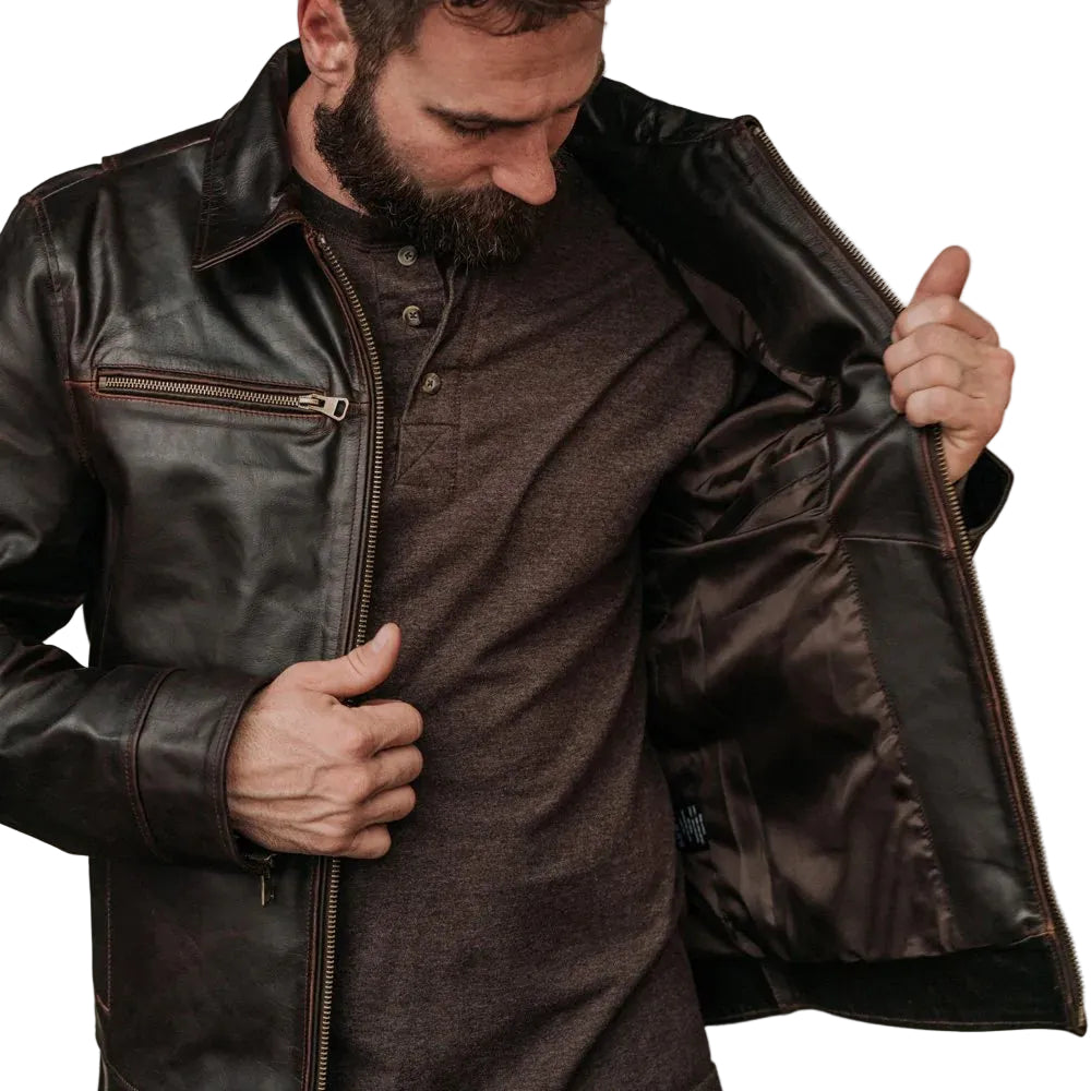 Classic brown leather flight jacket with zipper pockets