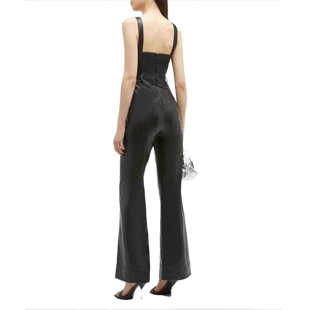 Classy Black Flared Leather Jumpsuit for Women - AMSEL LEATHERS