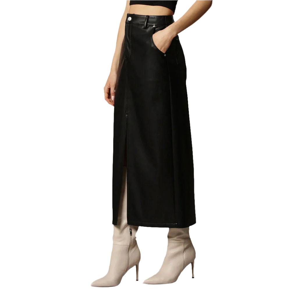 Classy Black Leg Slit Women's Leather Skirt - AMSEL LEATHERS