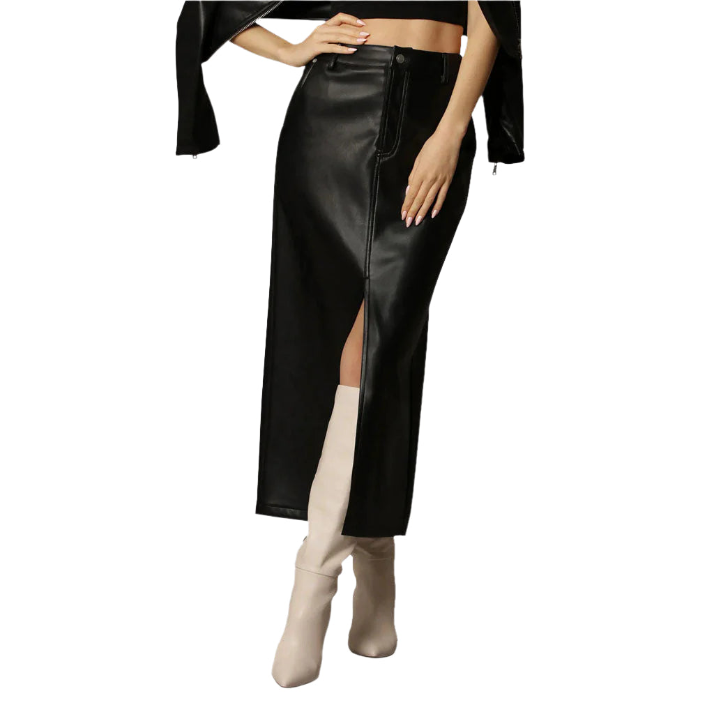 Classy Black Leg Slit Women's Leather Skirt - AMSEL LEATHERS