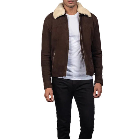 • brown suede shearling jacket mens front view
