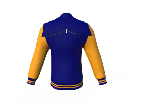 navy varsity letterman jacket with leather sleeves conrad pocket detail