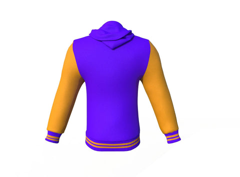 purple varsity letterman jacket with leather sleeves cassian collar detail