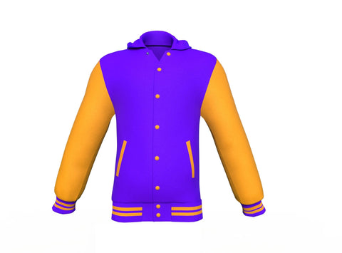 purple varsity letterman jacket with leather sleeves cassian detail close up