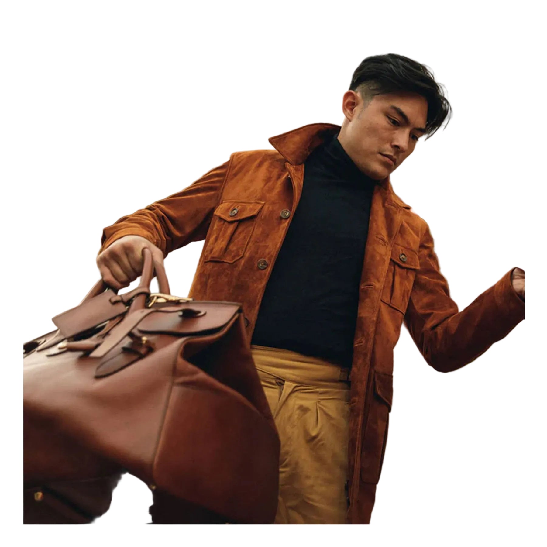 men's brown leather trucker jacket silas side angle