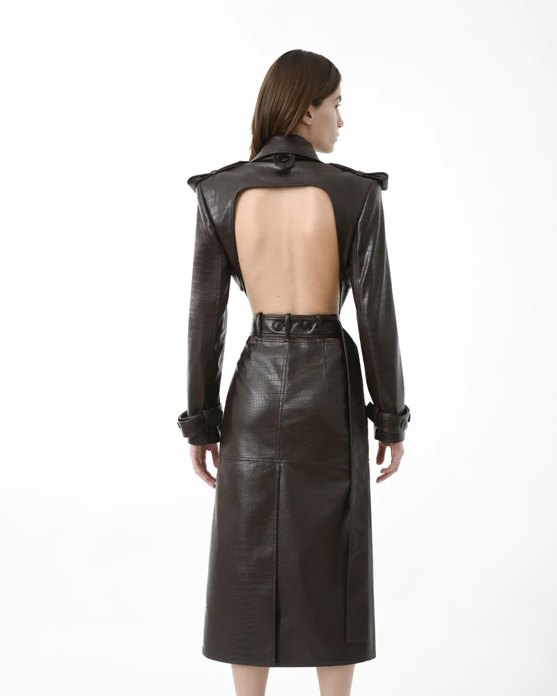 • open back leather coat detail close up
