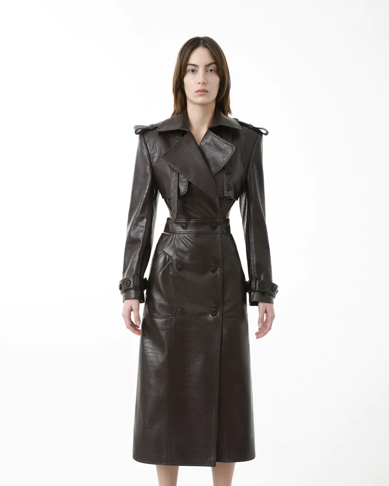 • crocodile embossed leather trench coat front view
