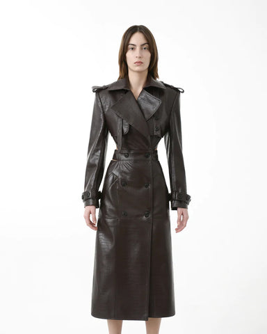 • crocodile embossed leather trench coat front view
