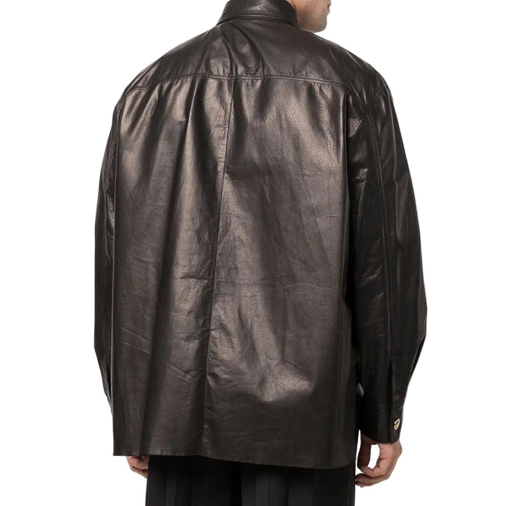 men's black leather shirt carden detail close up