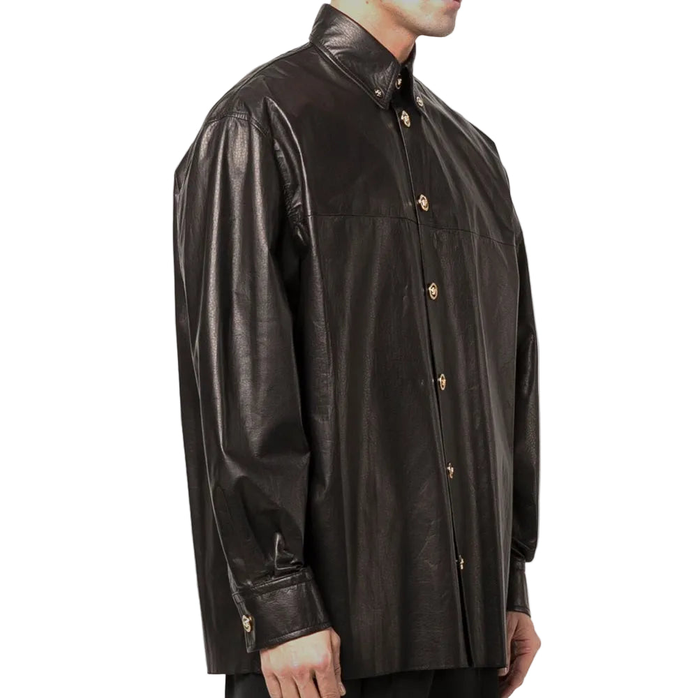 men's black leather shirt carden side angle