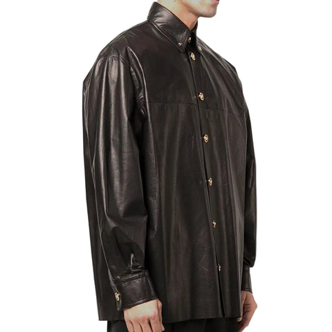 men's black leather shirt carden side angle