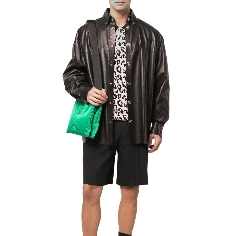men's black leather shirt carden back view