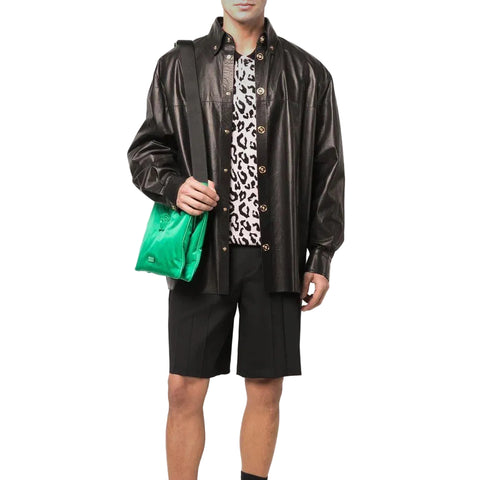 men's black leather shirt carden back view