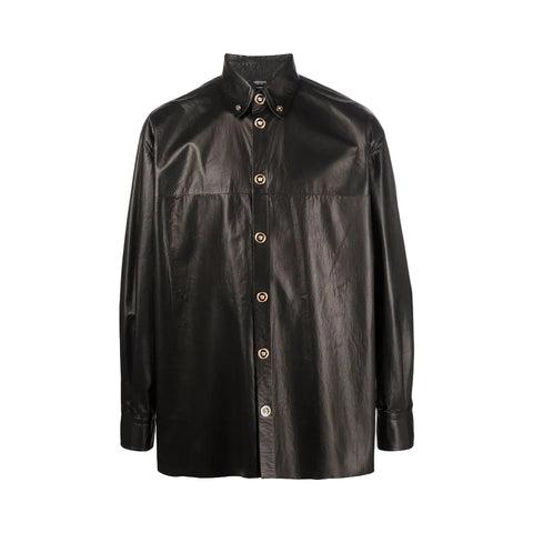 men's black leather shirt carden front view