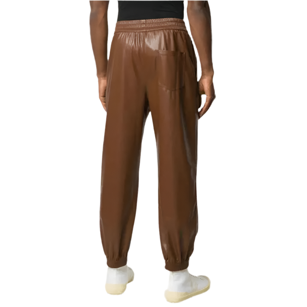 Pantalon en cuir marron foncé pour homme avec chevilles en tricot côtelé