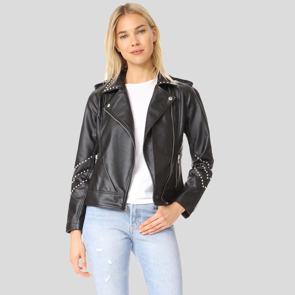 women's black studded lambskin leather biker jacket aurelia front view