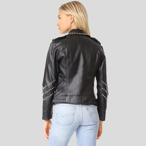 women's black studded lambskin leather biker jacket aurelia back view
