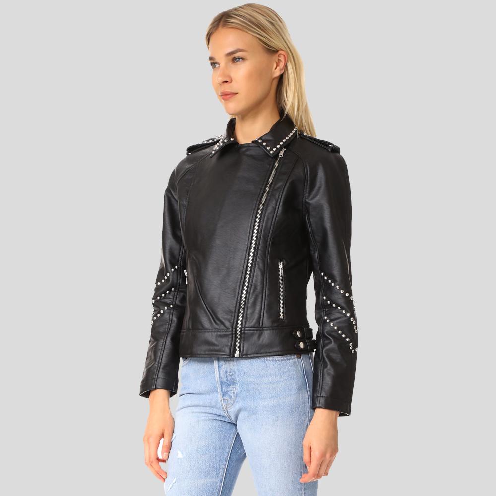 women's black studded lambskin leather biker jacket aurelia detail close up