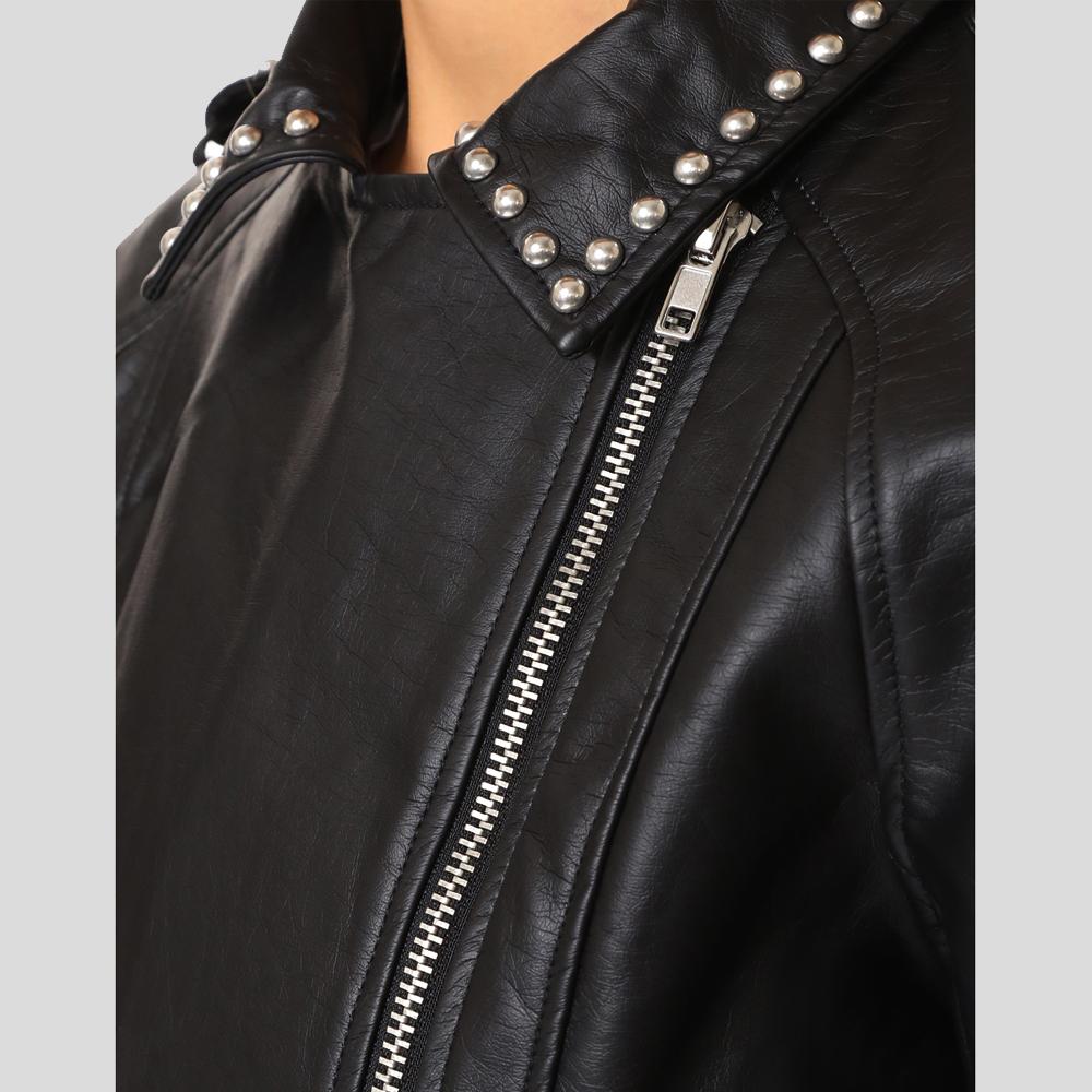 women's black studded lambskin leather biker jacket aurelia side angle