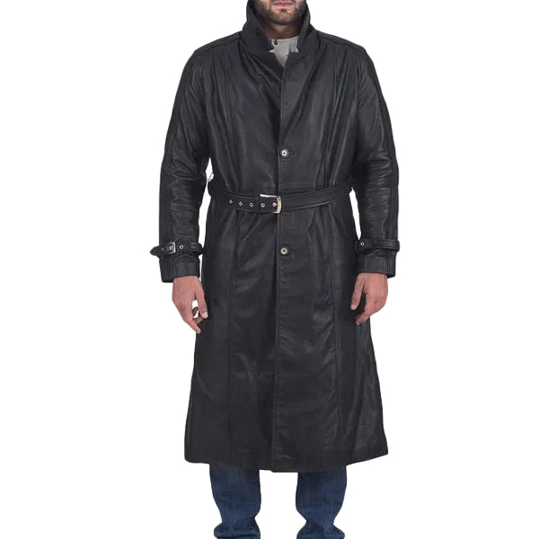 • black leather trench coat mens front view
