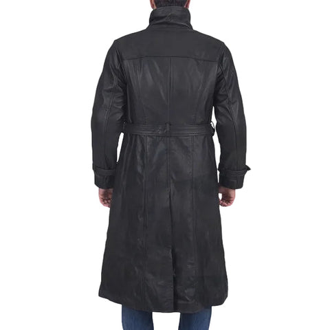 • belted leather trench coat detail close up
