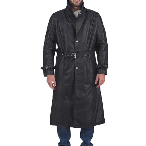 • black leather trench coat mens front view
