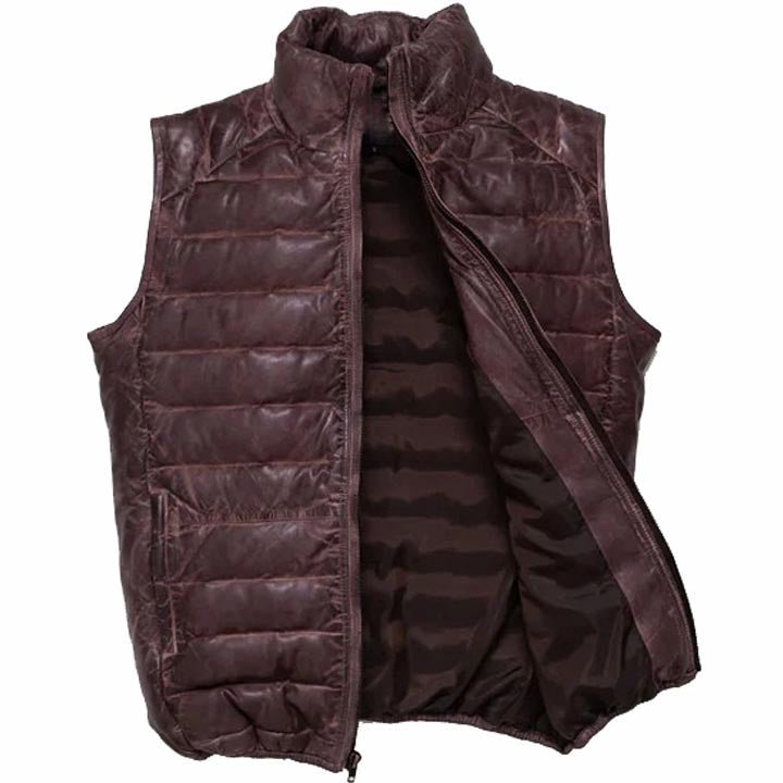 Dark Brown Leather Down Vest For Men - AMSEL LEATHERS