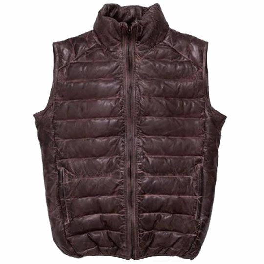 Dark Brown Leather Down Vest For Men - AMSEL LEATHERS