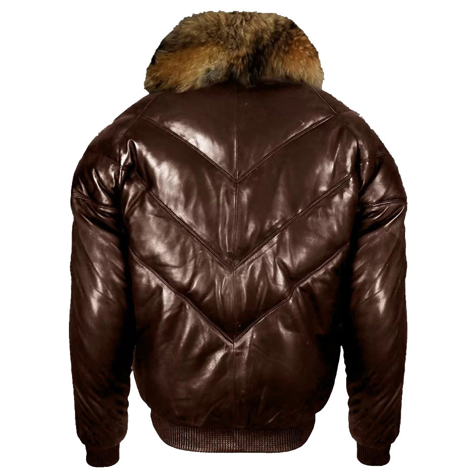 Dark Brown V-Bomber Jacket With Raccoon Fur Collar - Leather Down Jacket - AMSEL LEATHERS