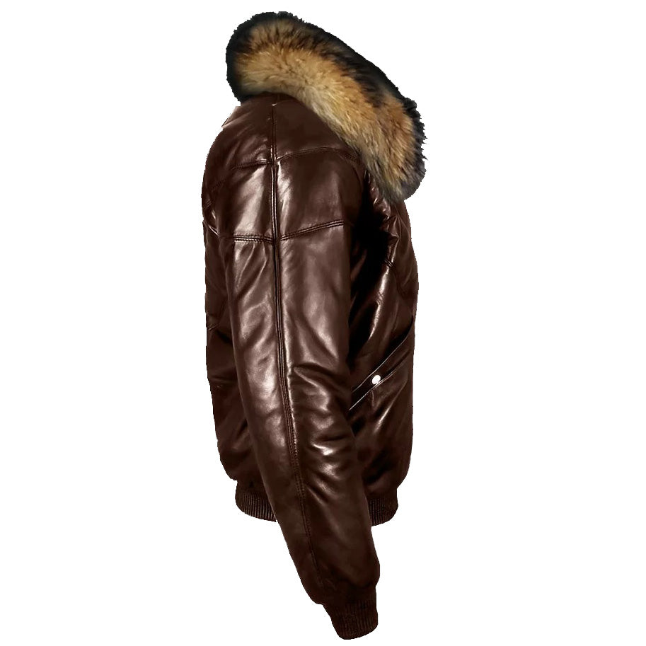 Dark Brown V-Bomber Jacket With Raccoon Fur Collar - Leather Down Jacket - AMSEL LEATHERS