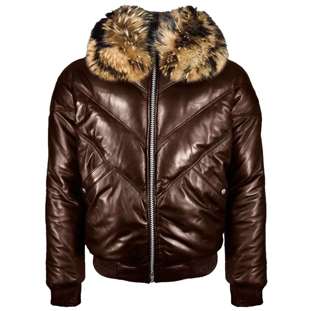 Dark Brown V-Bomber Jacket With Raccoon Fur Collar - Leather Down Jacket - AMSEL LEATHERS