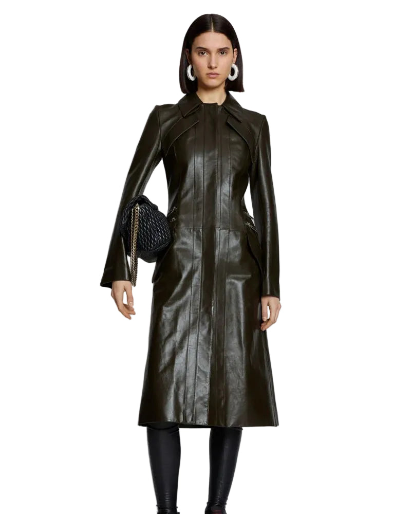 • dark green leather trench coat front view
