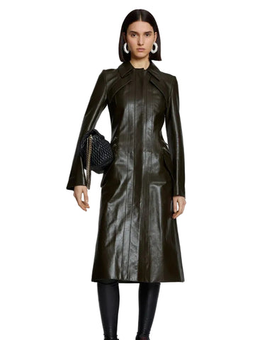 • dark green leather trench coat front view
