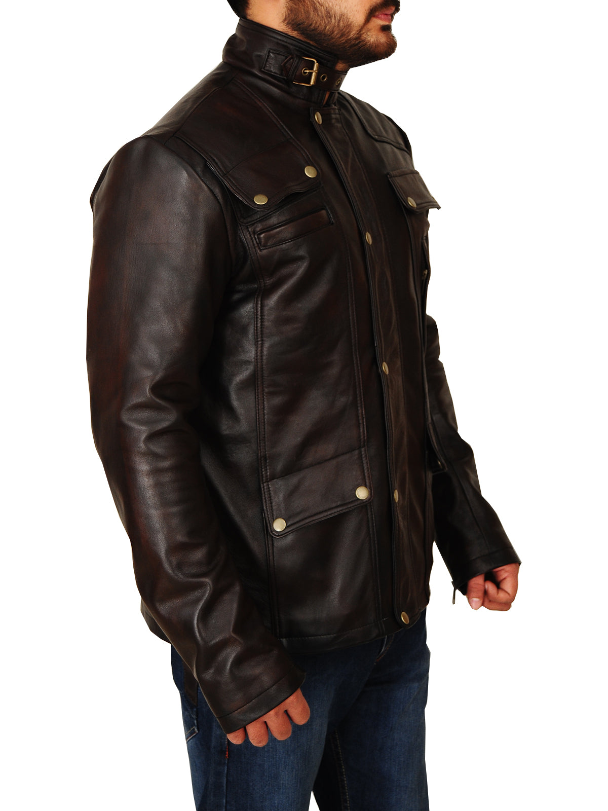 men’s dark brown cowhide leather jacket back view