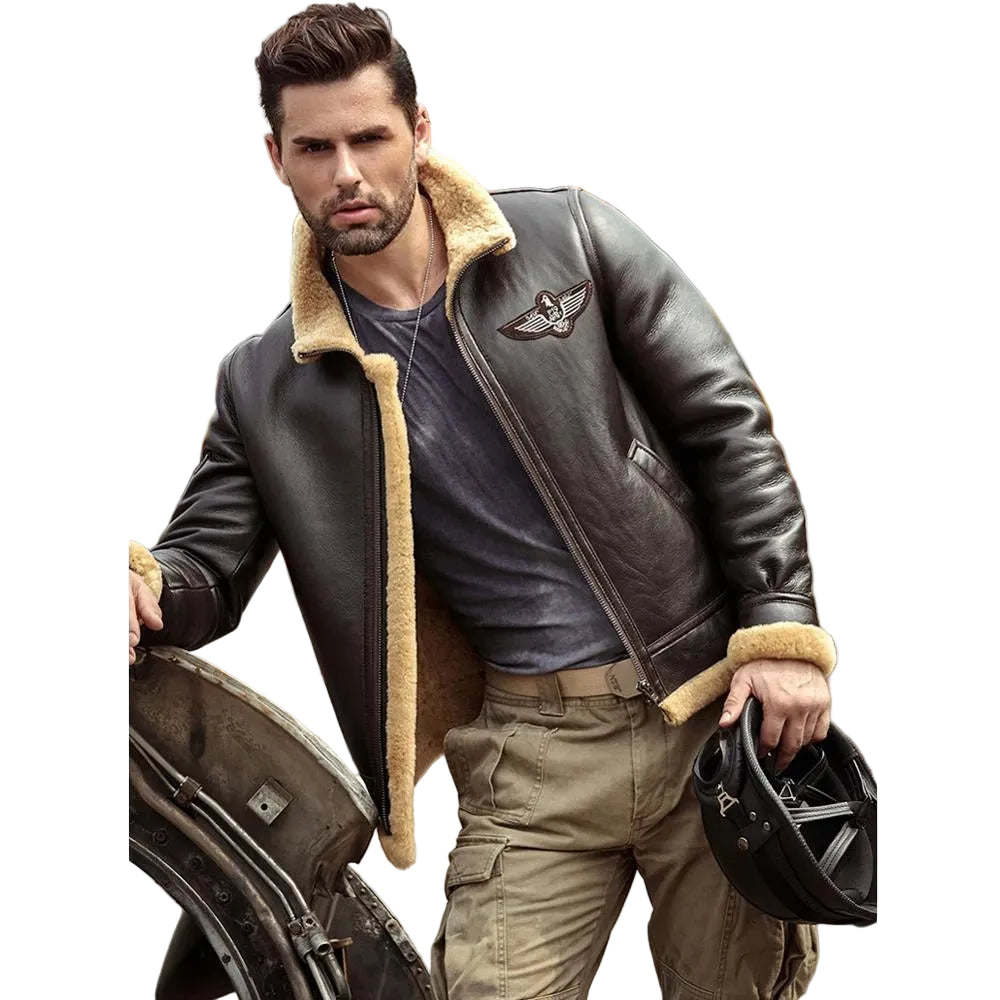 Dark brown sheepskin aviator jacket for men
