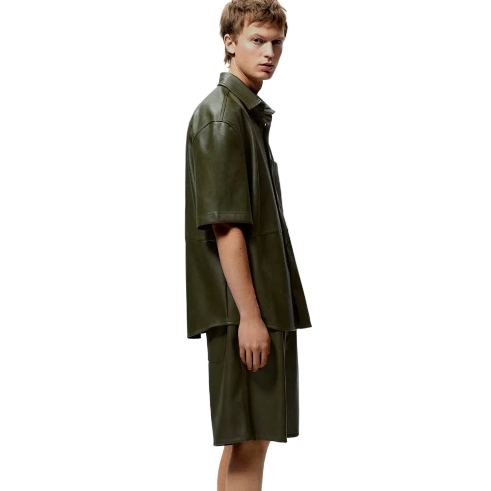 men's dark green leather shorts soren back view