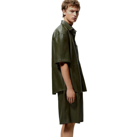 men's dark green leather shorts soren back view