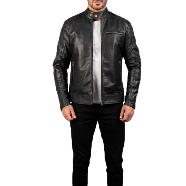 • black leather biker jacket mens front view
