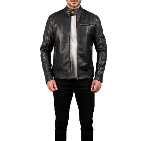 • black leather biker jacket mens front view
