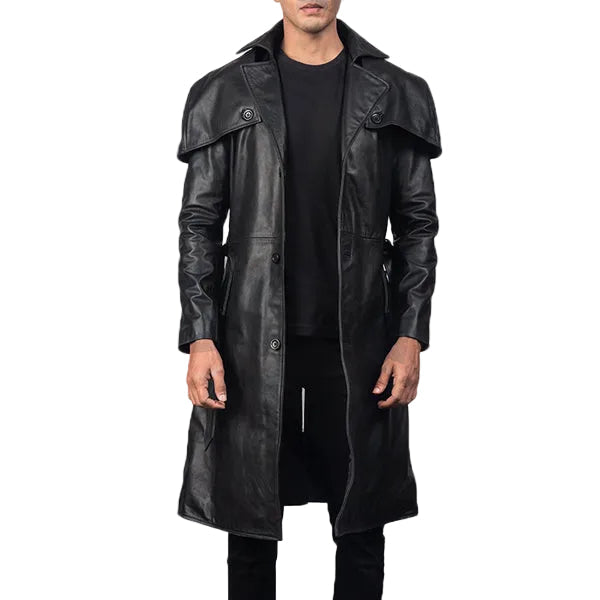 • black leather trench coat mens front view
